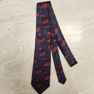 Kai Long Floral Hand Made 100%  Silk Neck Tie, Purple, Black, Red
